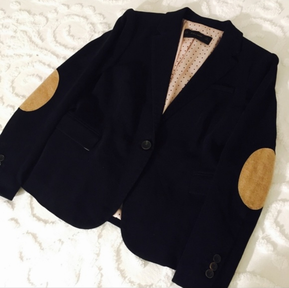 ZARA Velvet navy Elbow Patch Blazer Nwot